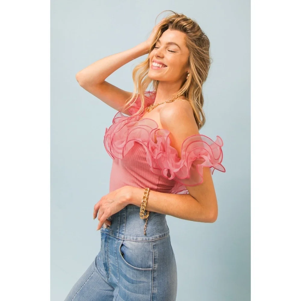 Flying Tomato Pink Organza Trimmed Sleeveless Bodysuit - Picture 7 of 10